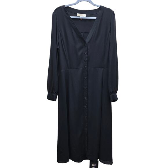 Michael Kors V-Neck Button-Front Maxi Shirt Dress Elegant Preppy Black Size XL - Picture 1 of 6